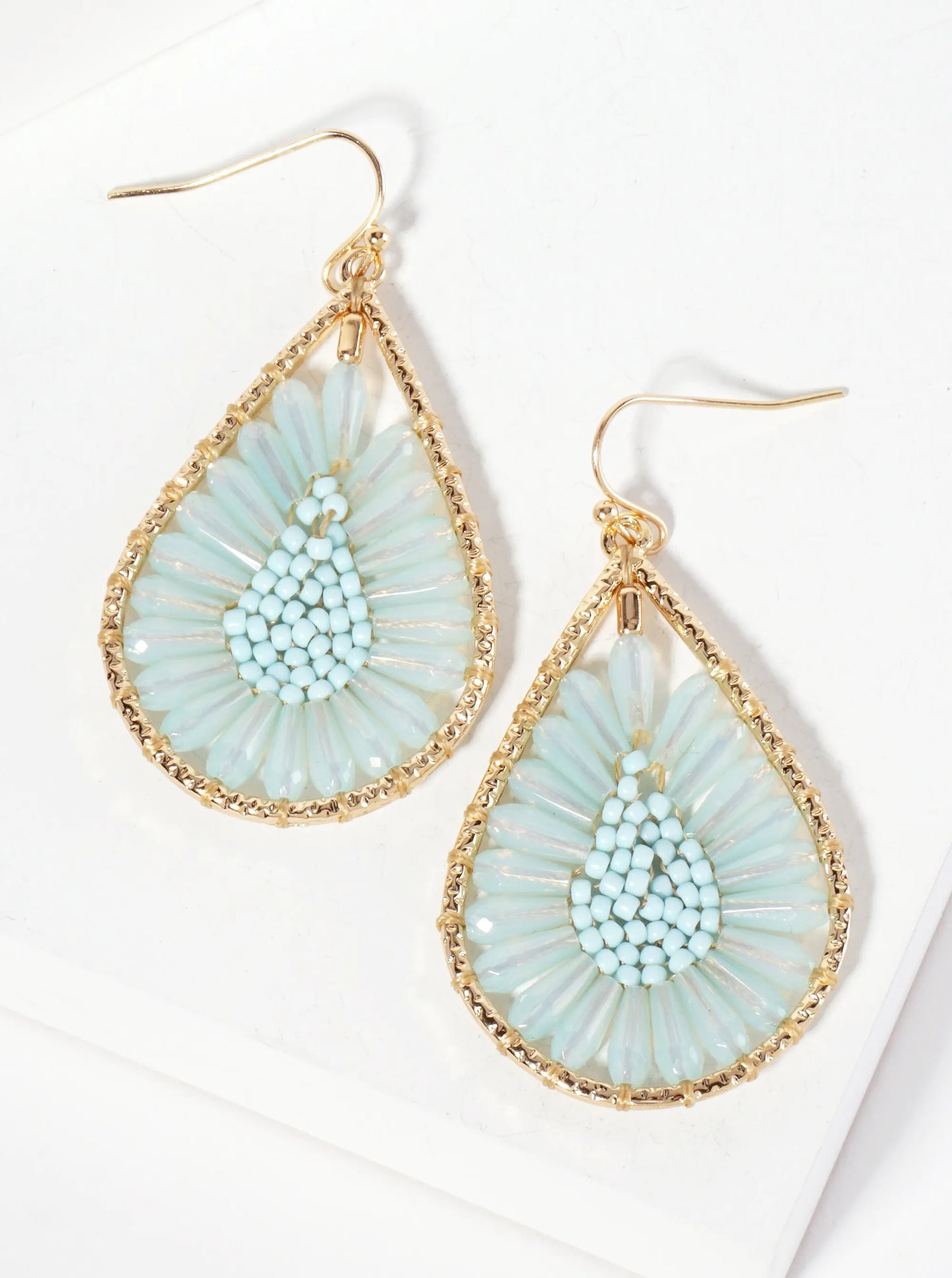 Botanical-Theme Flower-Motif Glass-Beaded Teardrop Dangle Earrings