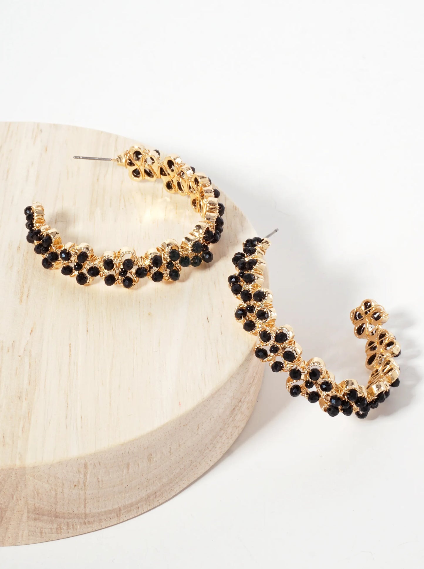 Botanical-Theme Flower-Shaped Embedded Glass-Beads 50mm Open Hoop Earrings