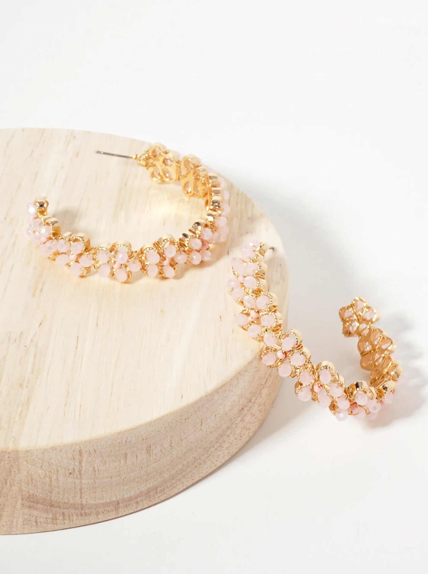 Botanical-Theme Flower-Shaped Embedded Glass-Beads 50mm Open Hoop Earrings