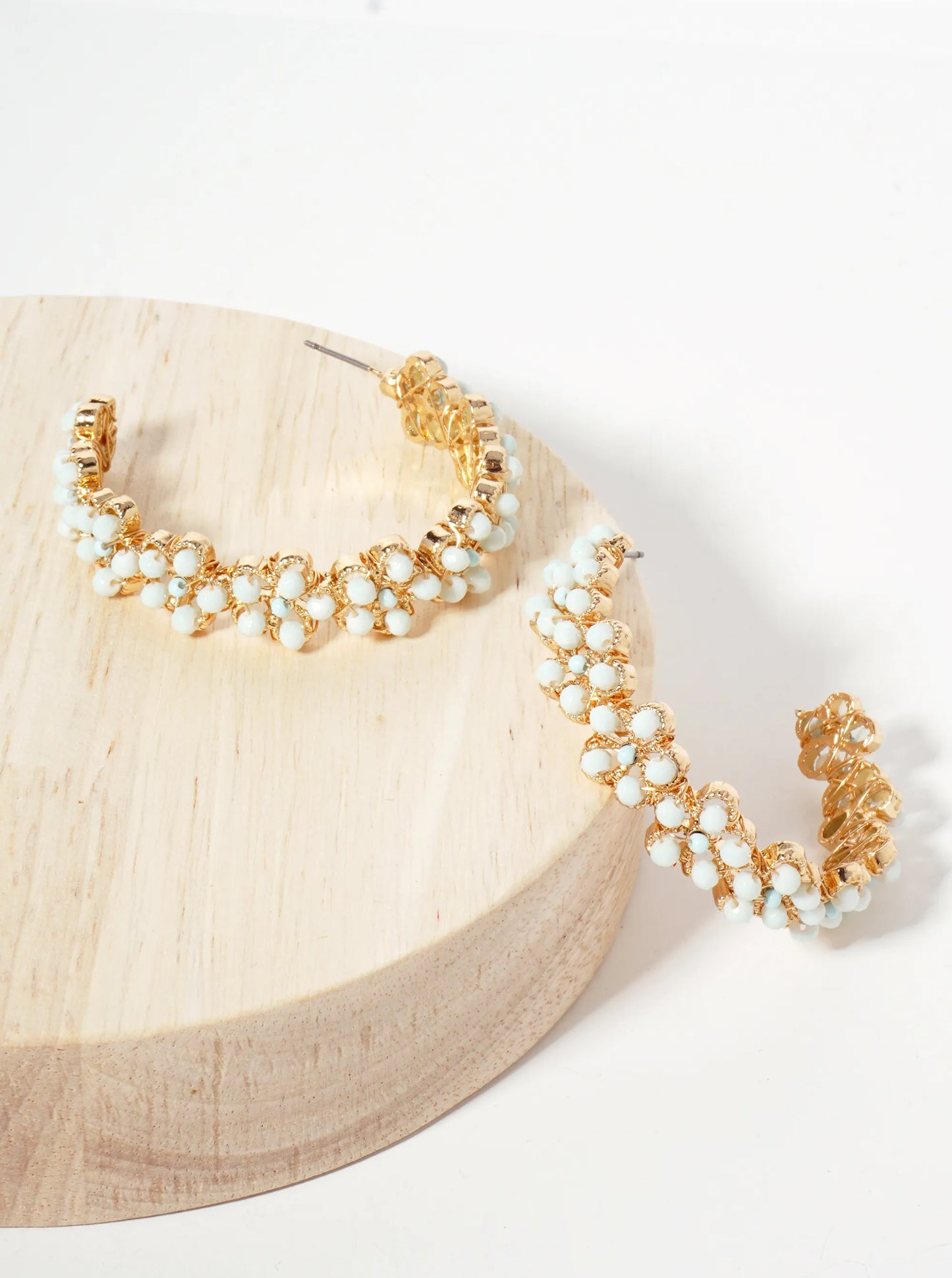 Botanical-Theme Flower-Shaped Embedded Glass-Beads 50mm Open Hoop Earrings