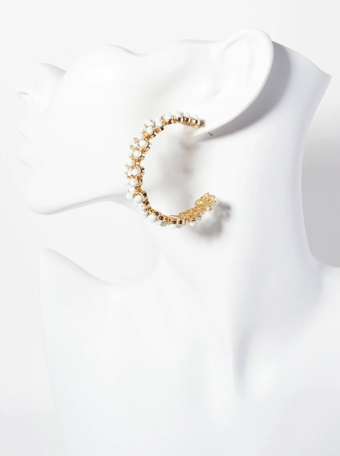 Botanical-Theme Flower-Shaped Embedded Glass-Beads 50mm Open Hoop Earrings