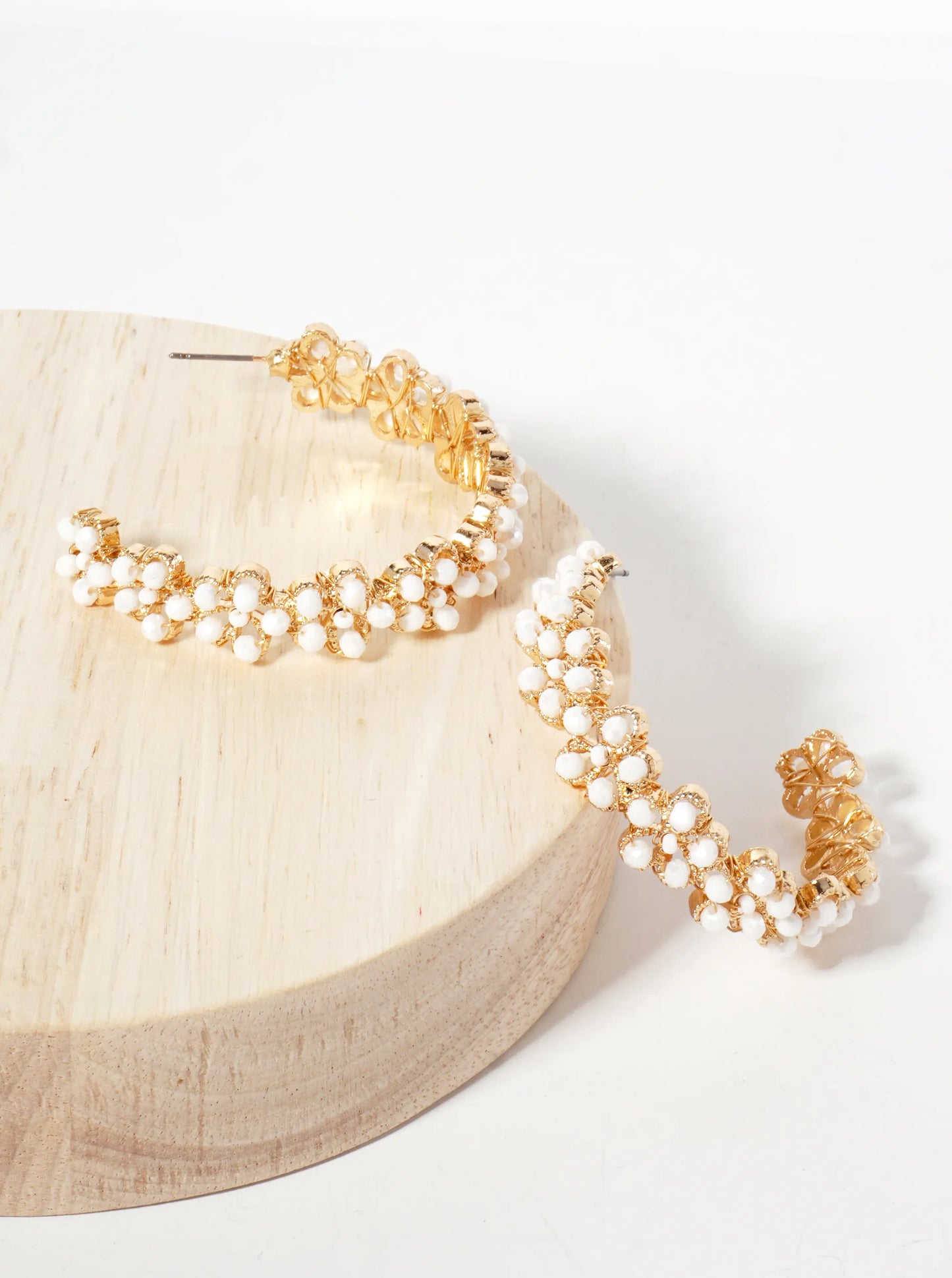 Botanical-Theme Flower-Shaped Embedded Glass-Beads 50mm Open Hoop Earrings