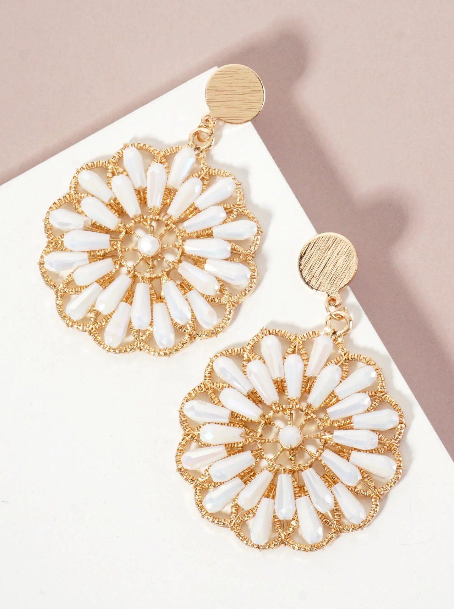 Botanical-Theme Flower-Shaped Glass-Beaded Drop Dangle Earrings
