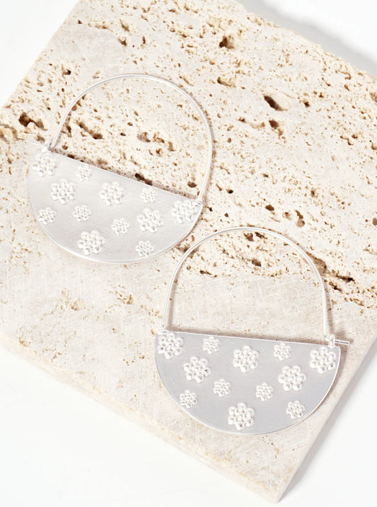 Botanical-Theme Flower-Texture Half-Circle Drop 27mm Wire Hoop Earrings