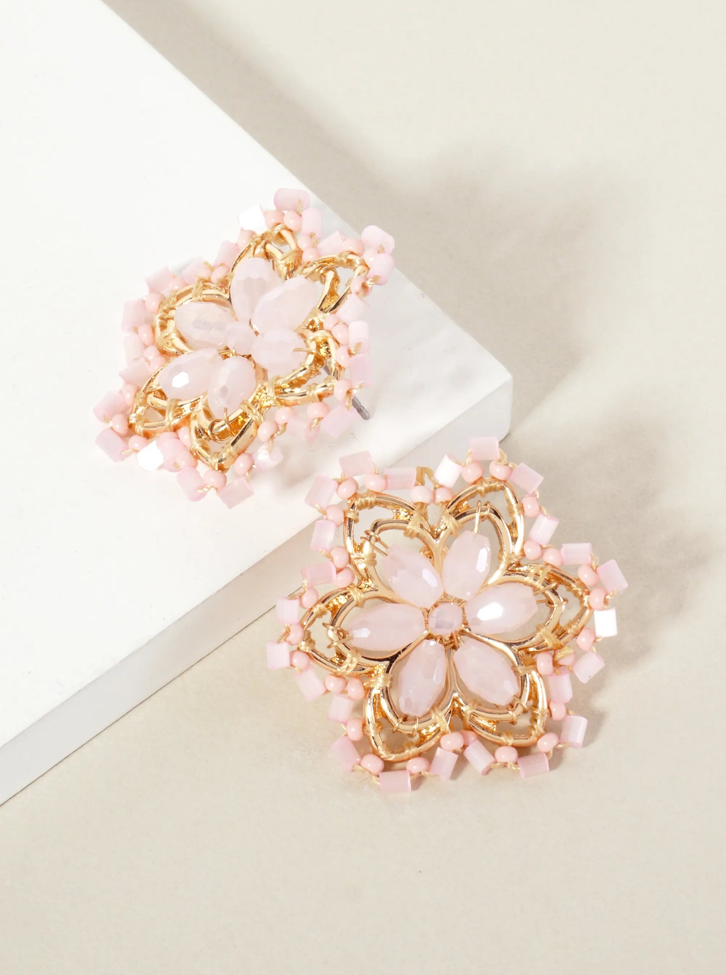 Botanical-Theme Glass-Beaded Flower Statement Stud Earrings
