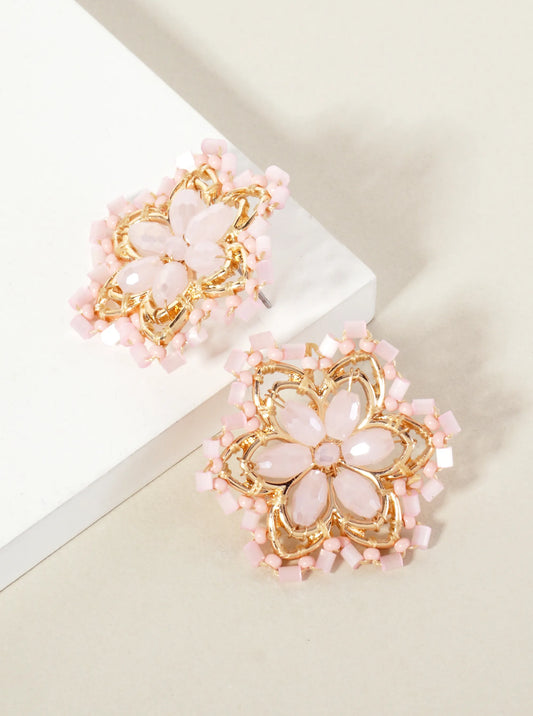 Botanical-Theme Glass-Beaded Flower Statement Stud Earrings
