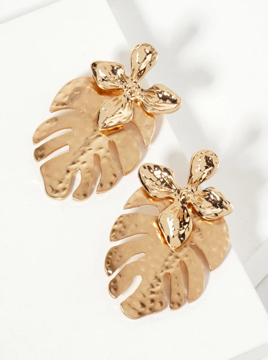 Botanical-Theme Hammered-Texture Flower Monstera Leaf Dangle Post Earrings