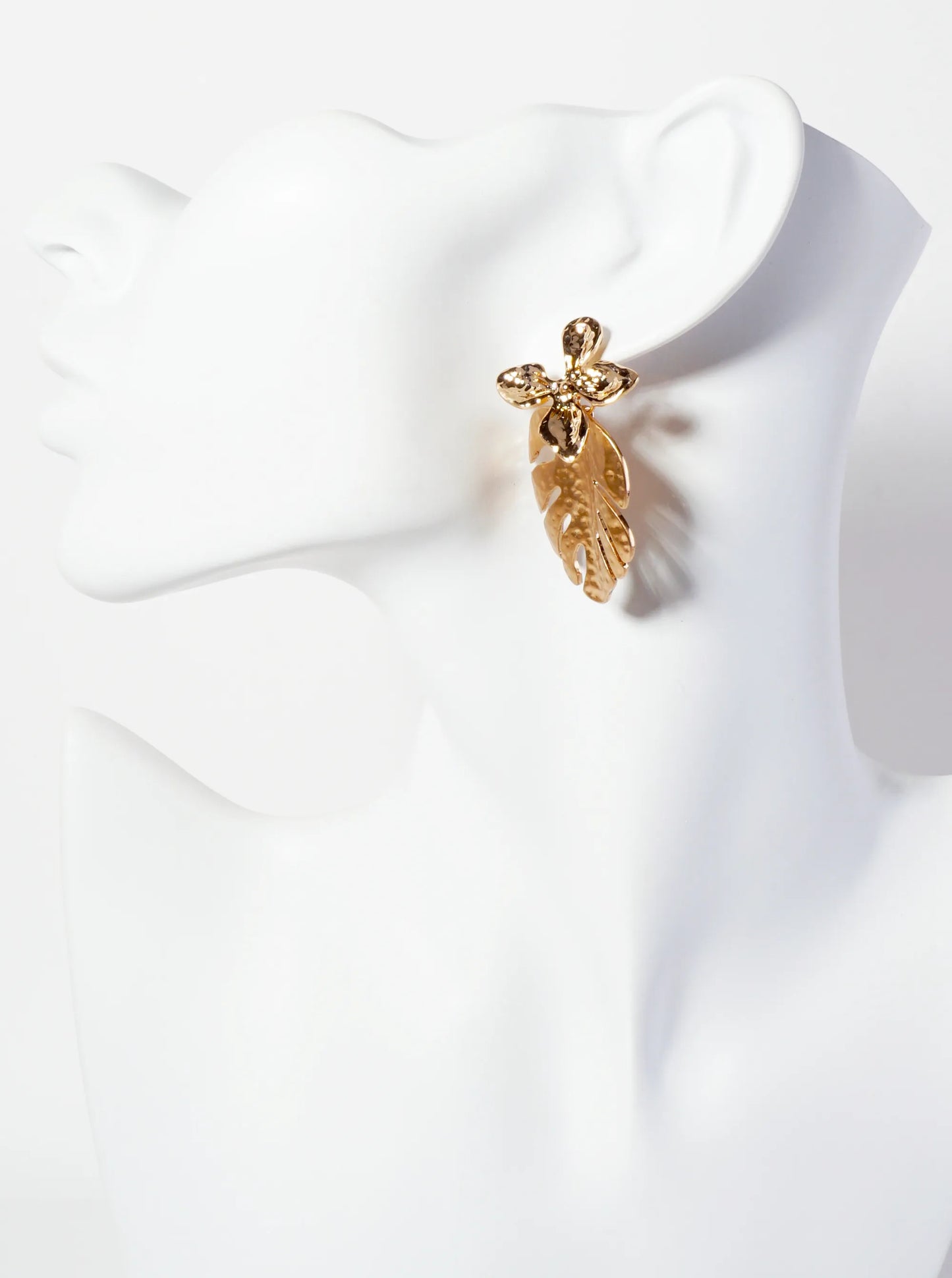 Botanical-Theme Hammered-Texture Flower Monstera Leaf Dangle Post Earrings