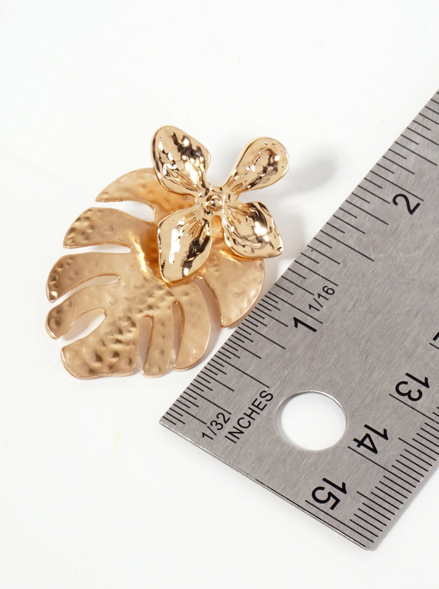 Botanical-Theme Hammered-Texture Flower Monstera Leaf Dangle Post Earrings