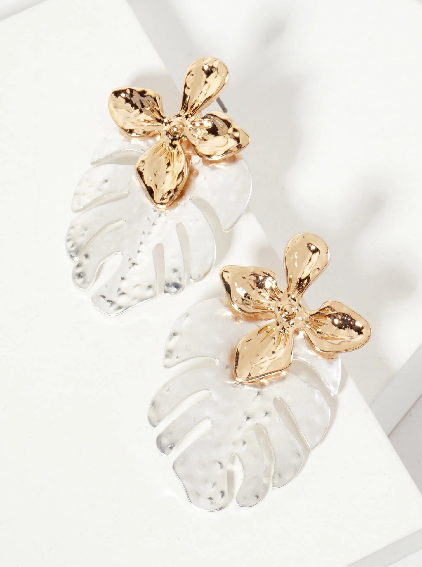 Botanical-Theme Hammered-Texture Flower Monstera Leaf Dangle Post Earrings