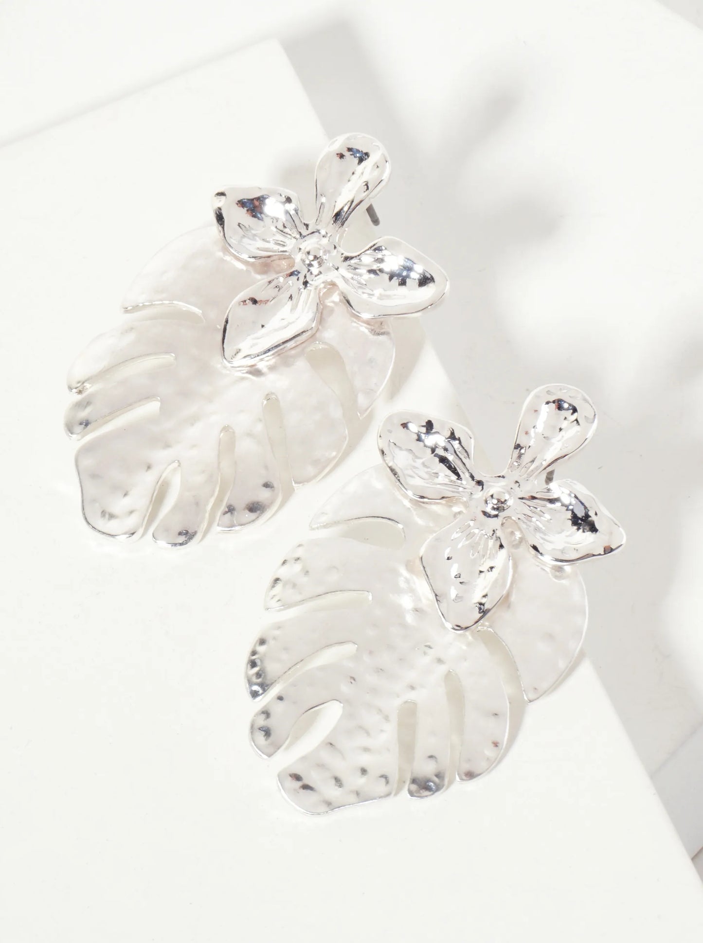 Botanical-Theme Hammered-Texture Flower Monstera Leaf Dangle Post Earrings