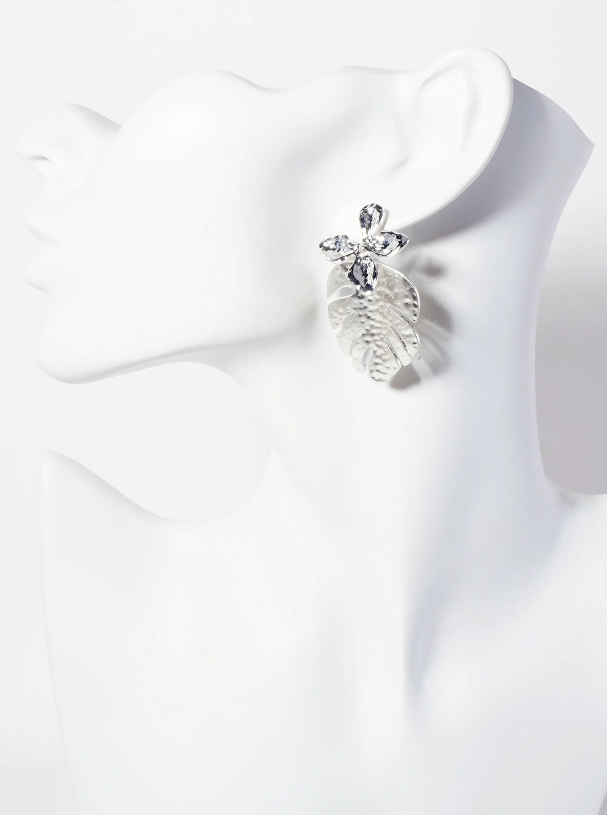 Botanical-Theme Hammered-Texture Flower Monstera Leaf Dangle Post Earrings