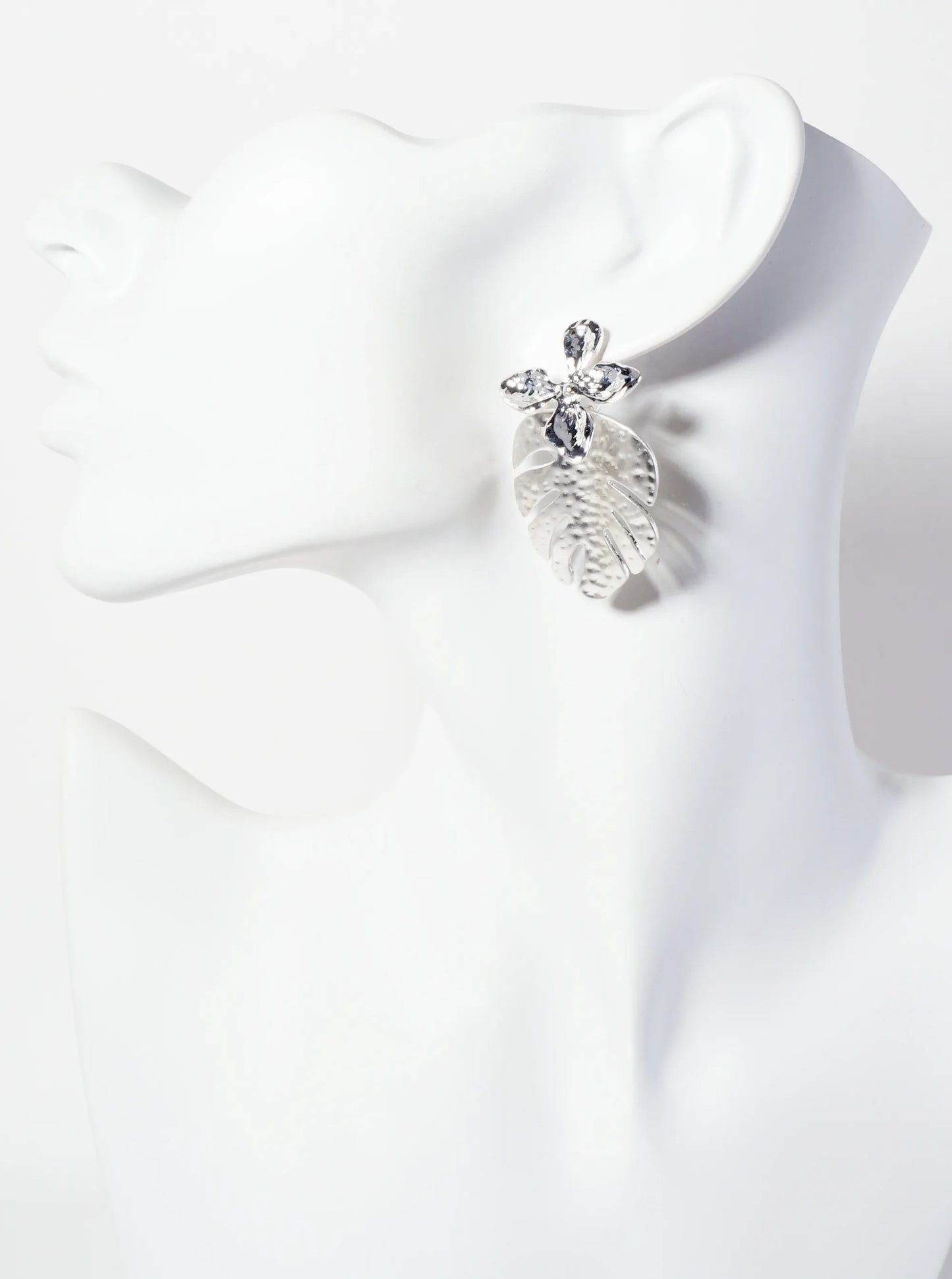 Botanical-Theme Hammered-Texture Flower Monstera Leaf Dangle Post Earrings