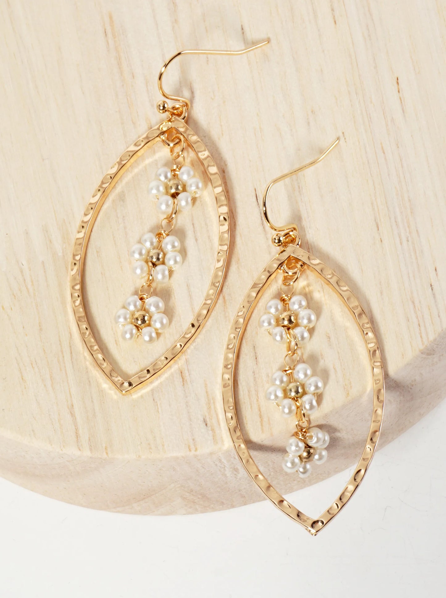 Botanical-Theme Hammered-Texture Marquise Earrings With Three Flower-Shaped Pearls