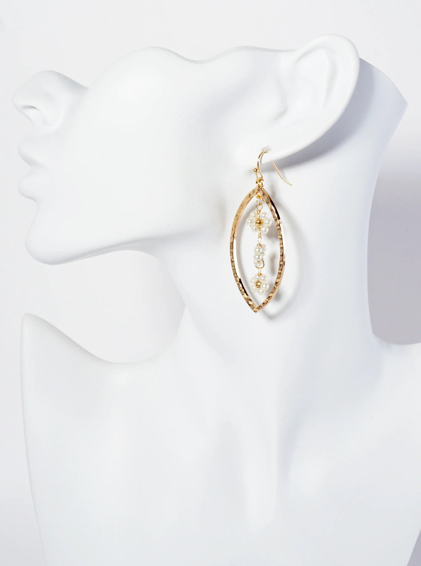 Botanical-Theme Hammered-Texture Marquise Earrings With Three Flower-Shaped Pearls