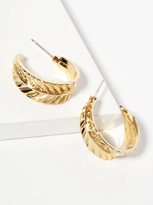 Botanical-Theme Leaf Textured 20mm Tapered Open Hoop Earrings