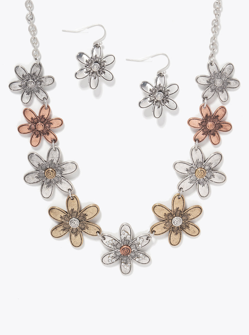 Botanical-Theme Multi-Tone Flower Statement Necklace Set-with-Earrings