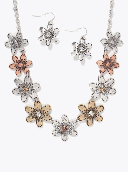Botanical-Theme Multi-Tone Flower Statement Necklace Set-with-Earrings