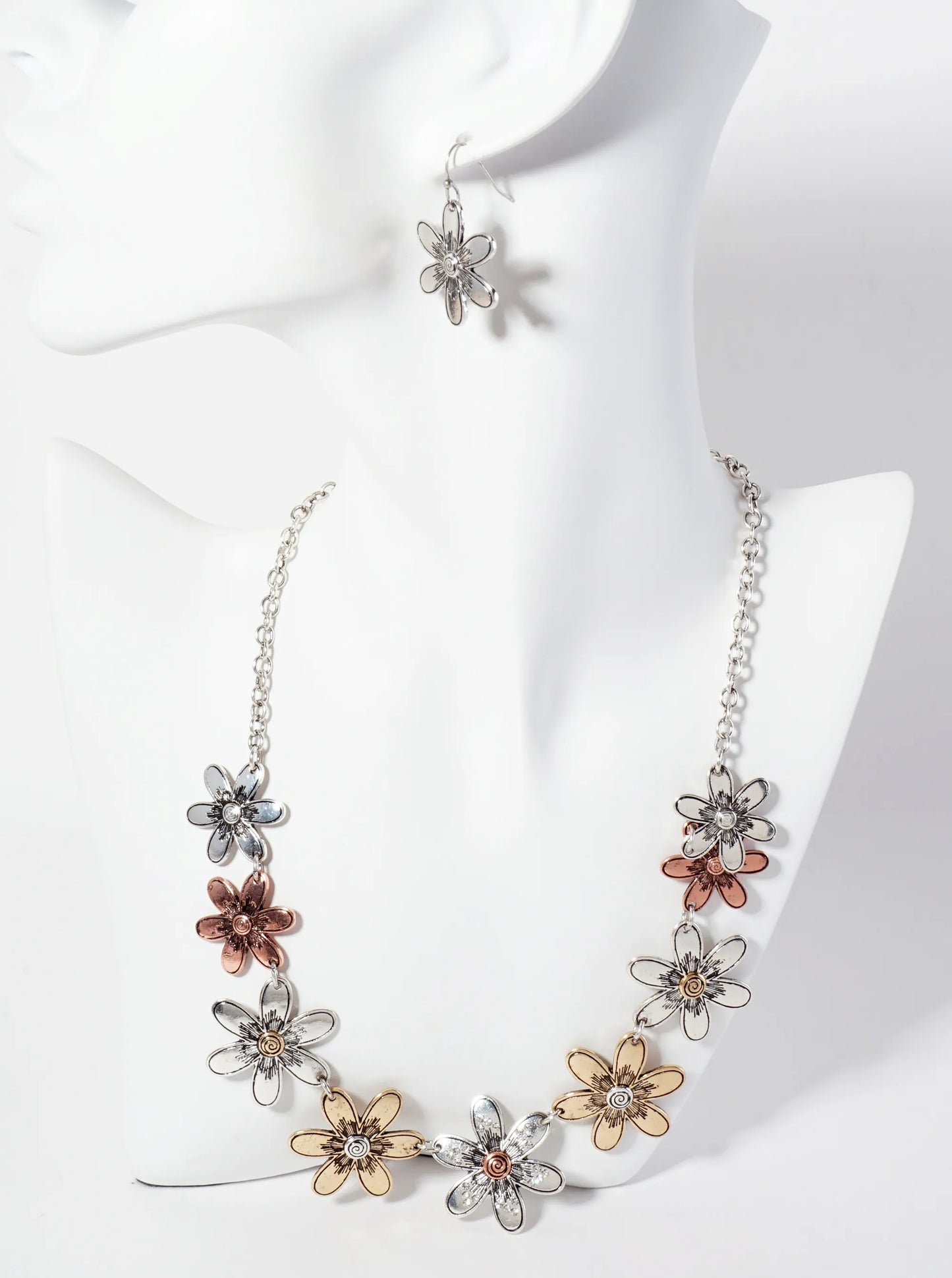 Botanical-Theme Multi-Tone Flower Statement Necklace Set-with-Earrings