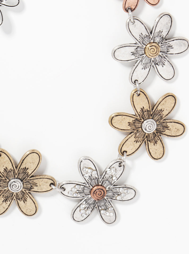 Botanical-Theme Multi-Tone Flower Statement Necklace Set-with-Earrings