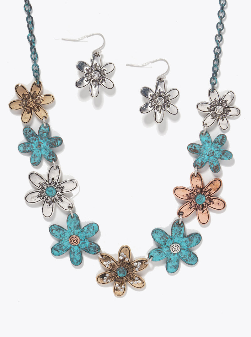Botanical-Theme Multi-Tone Flower Statement Necklace Set-with-Earrings