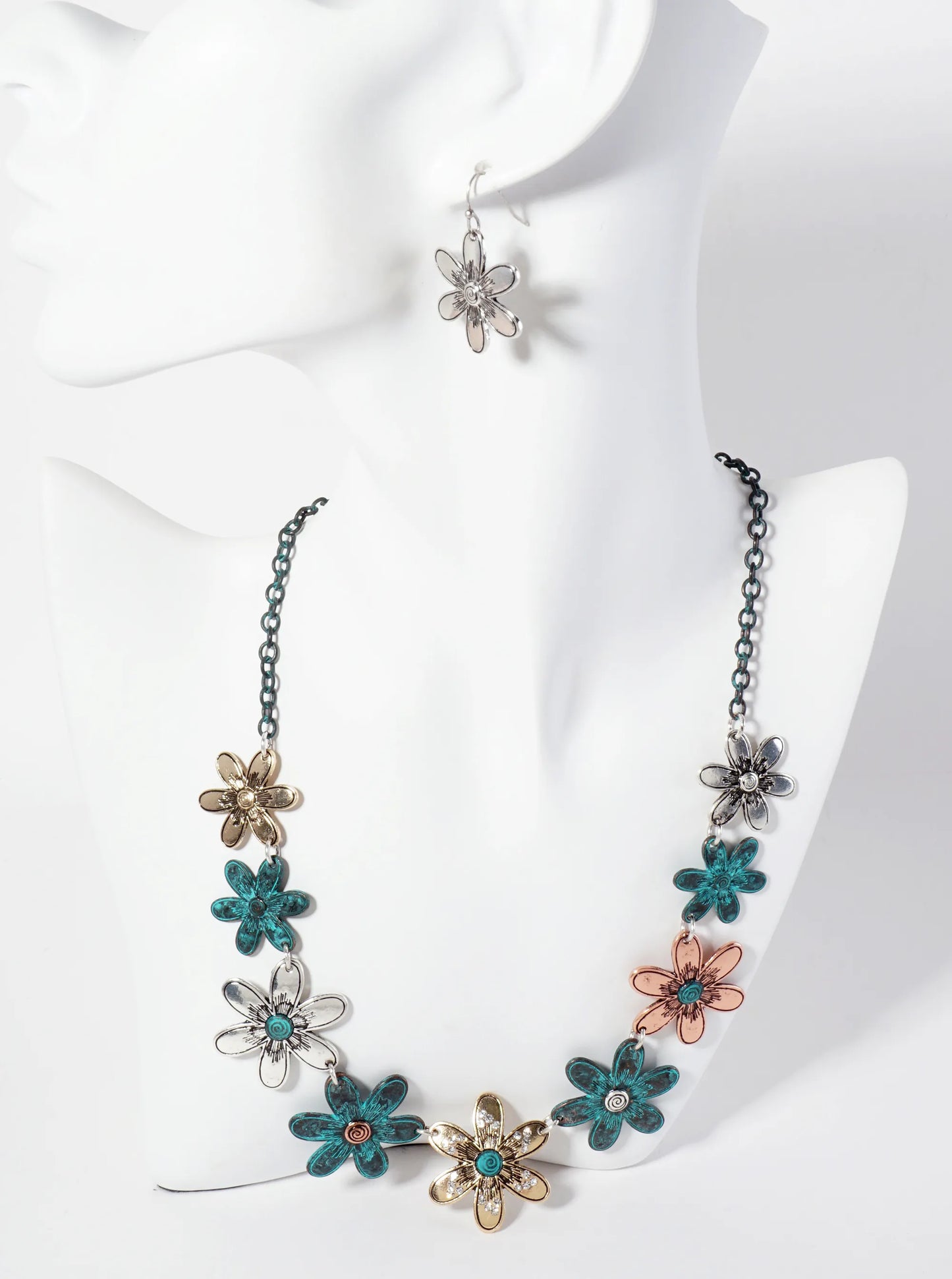 Botanical-Theme Multi-Tone Flower Statement Necklace Set-with-Earrings