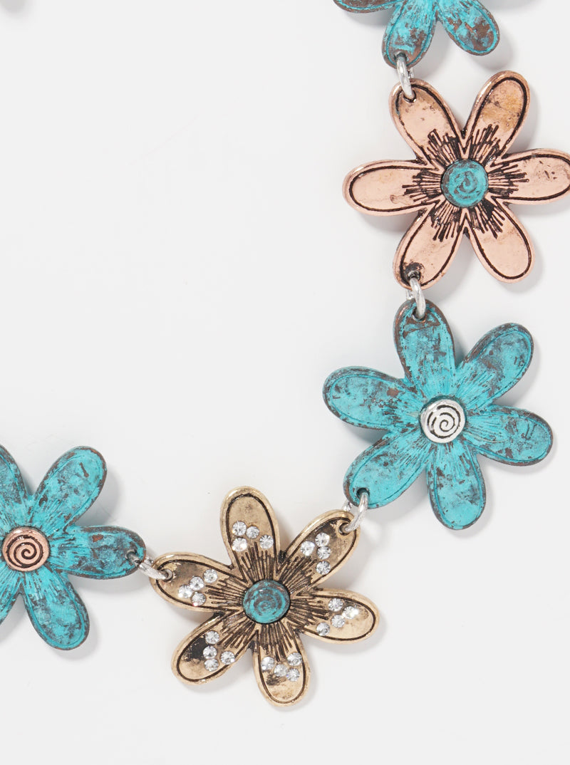 Botanical-Theme Multi-Tone Flower Statement Necklace Set-with-Earrings