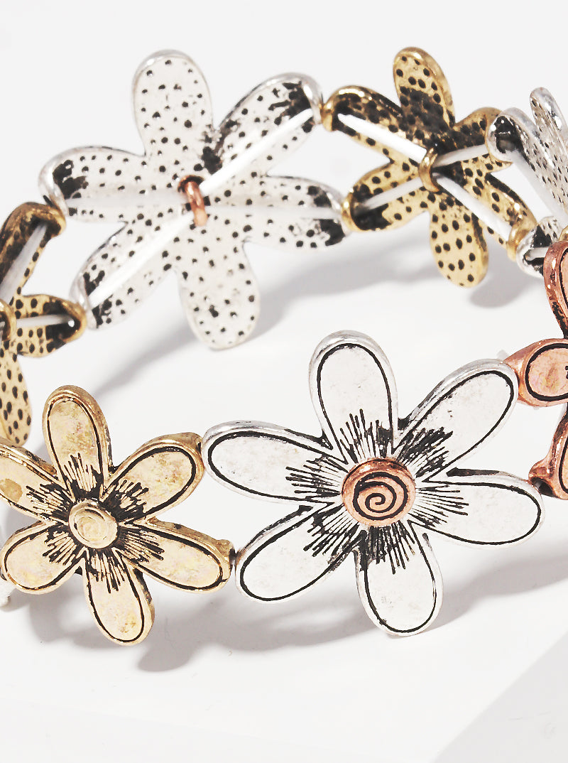 Botanical-Theme Multi-Tone Flower Stretch Bracelet