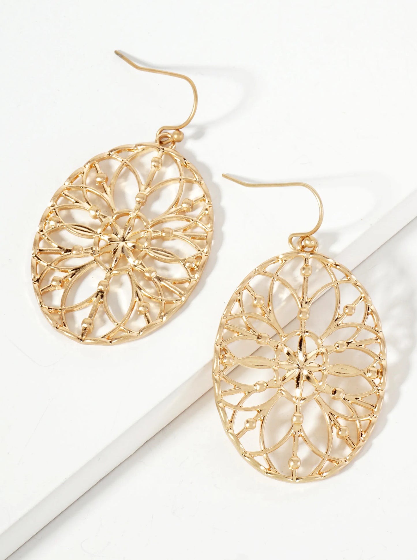 Botanical-Theme Oval-Shaped Filigree Flower Dangle Earrings