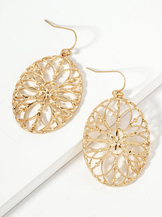 Botanical-Theme Oval-Shaped Filigree Flower Dangle Earrings