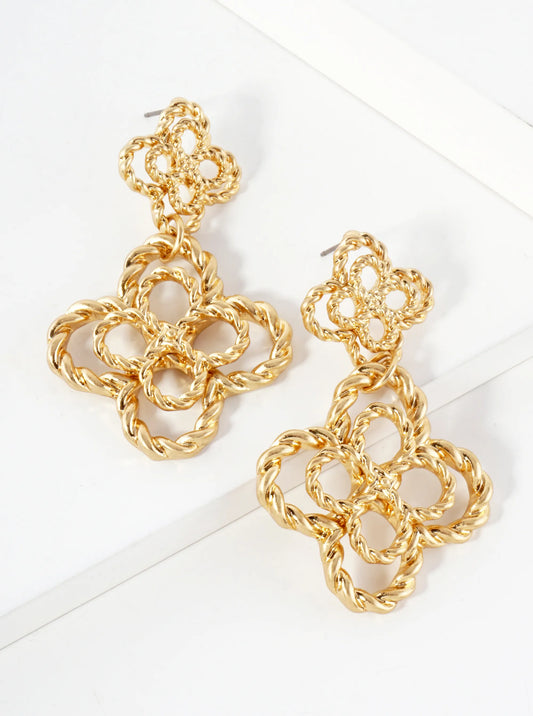 Botanical-Theme Overlapped Quatrefoil Drop Dangle Earrings With-Titanium-Post