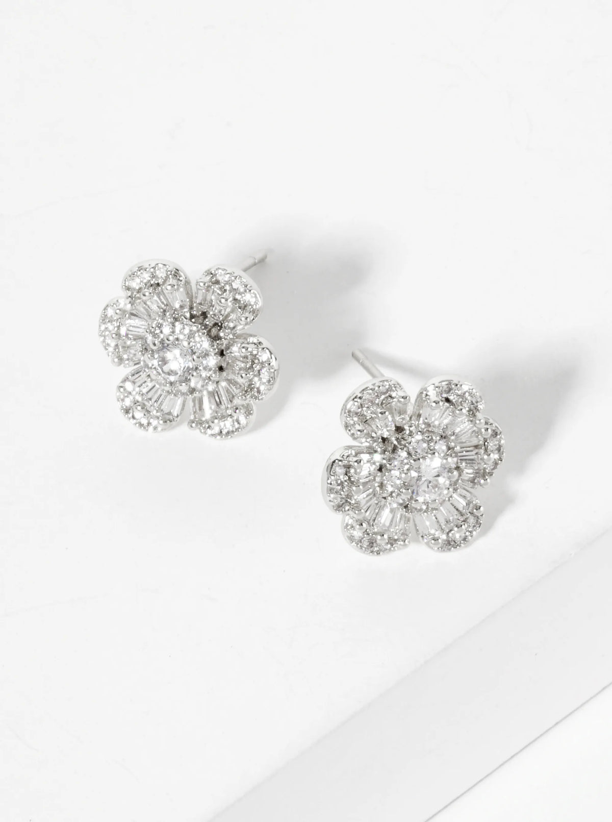 Botanical-Theme Pave-Set Cubic-Zirconia 12mm Flower-Shaped 18K-Gold-Dipped Stud Earrings