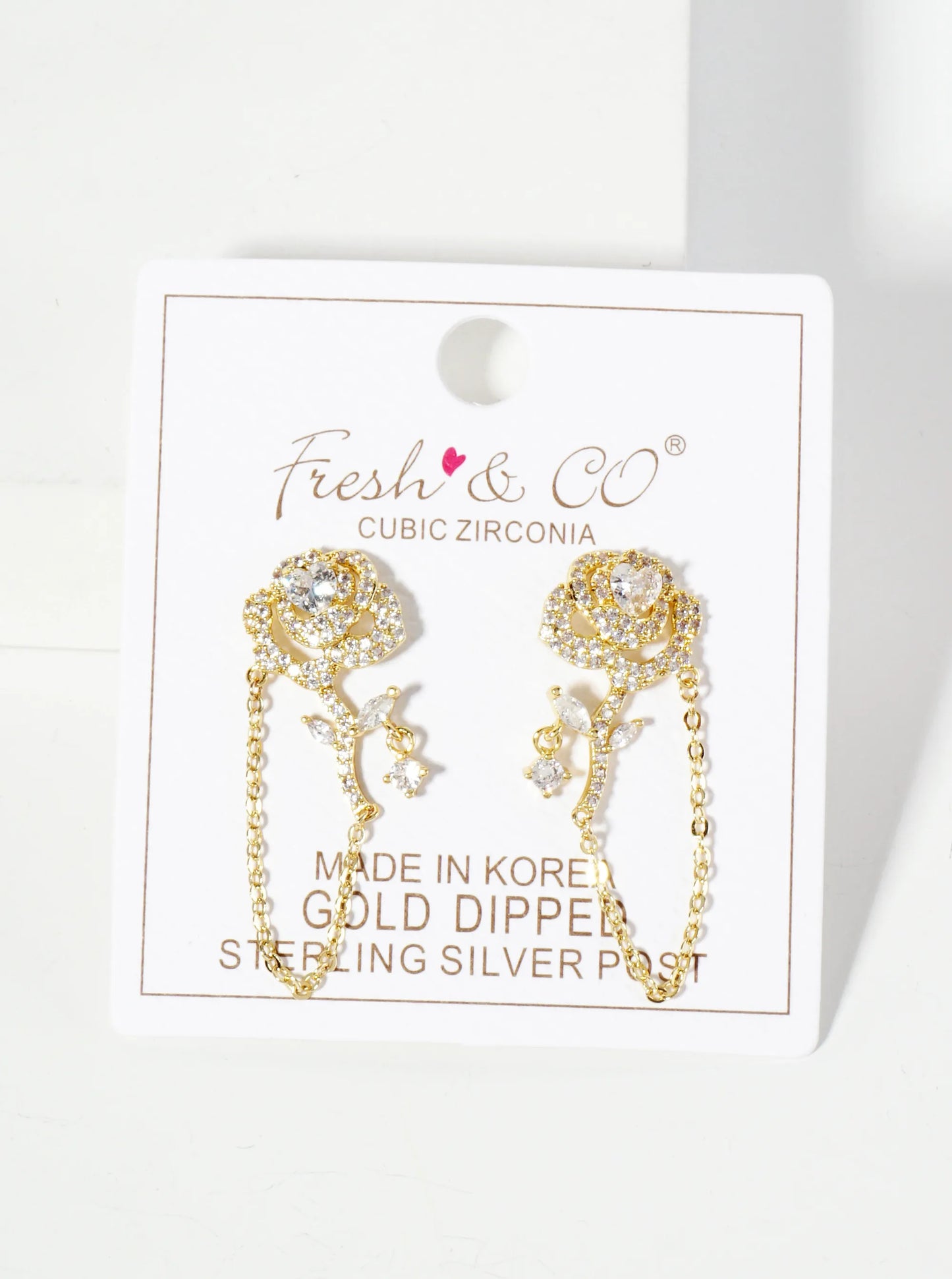 Botanical-Theme Pave-Set Cubic-Zirconia 18K-Gold-Dipped Rose Drop Earrings With Chain Detail