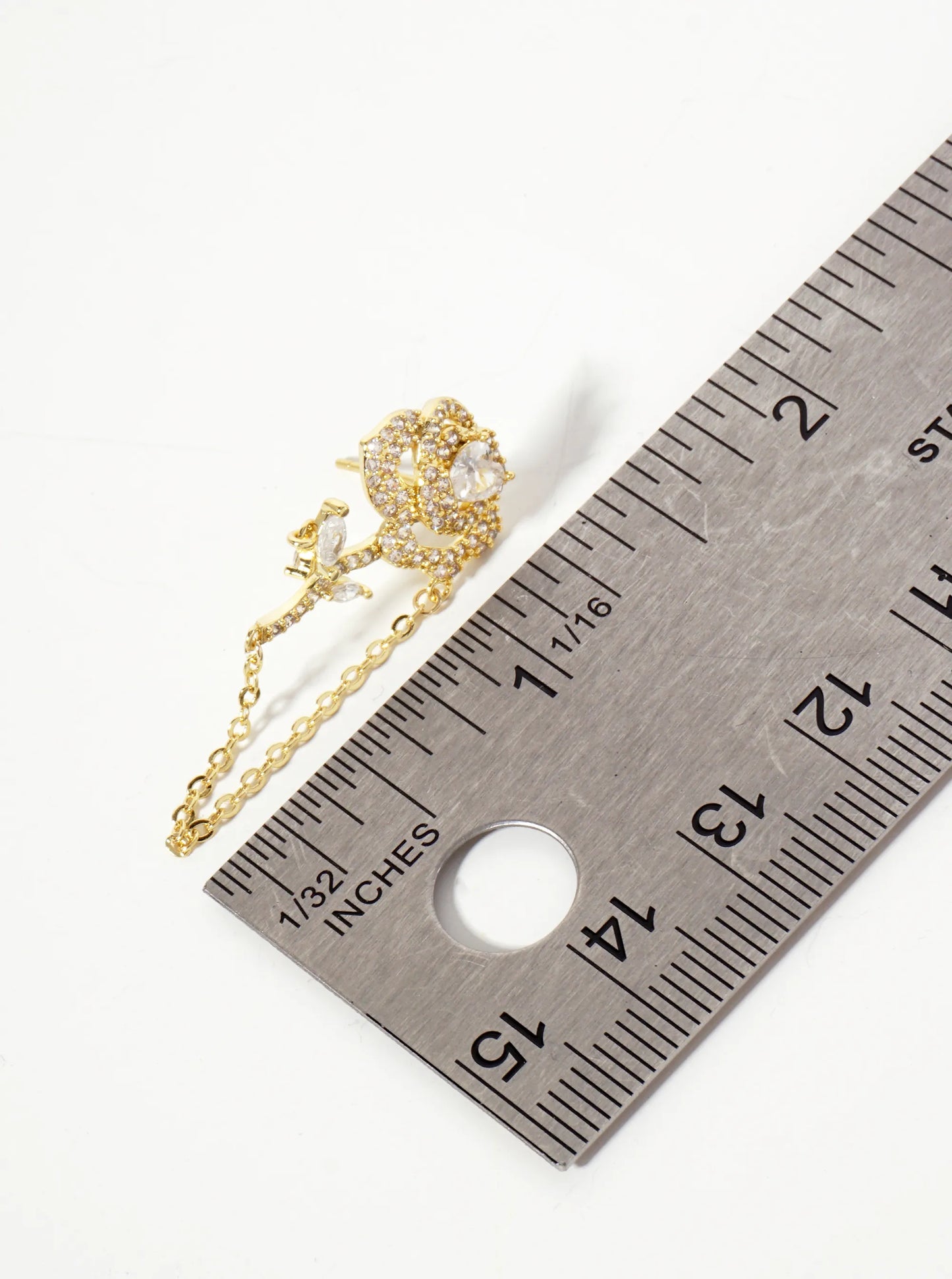 Botanical-Theme Pave-Set Cubic-Zirconia 18K-Gold-Dipped Rose Drop Earrings With Chain Detail