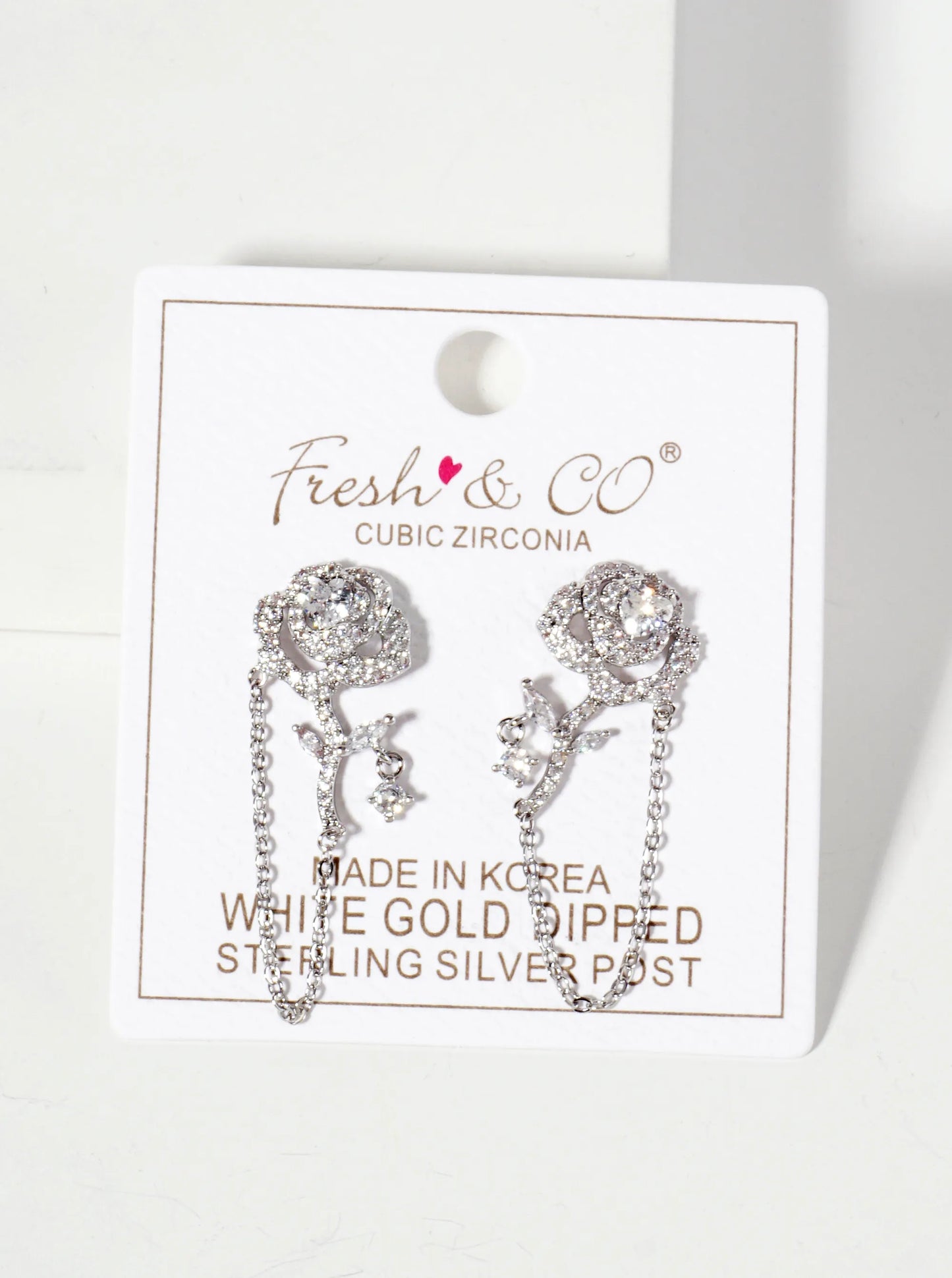 Botanical-Theme Pave-Set Cubic-Zirconia 18K-Gold-Dipped Rose Drop Earrings With Chain Detail