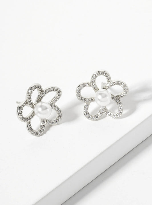 Botanical-Theme Pave-Set Cubic-Zirconia Pearl Flower 18K-Gold-Dipped Stud Earrings