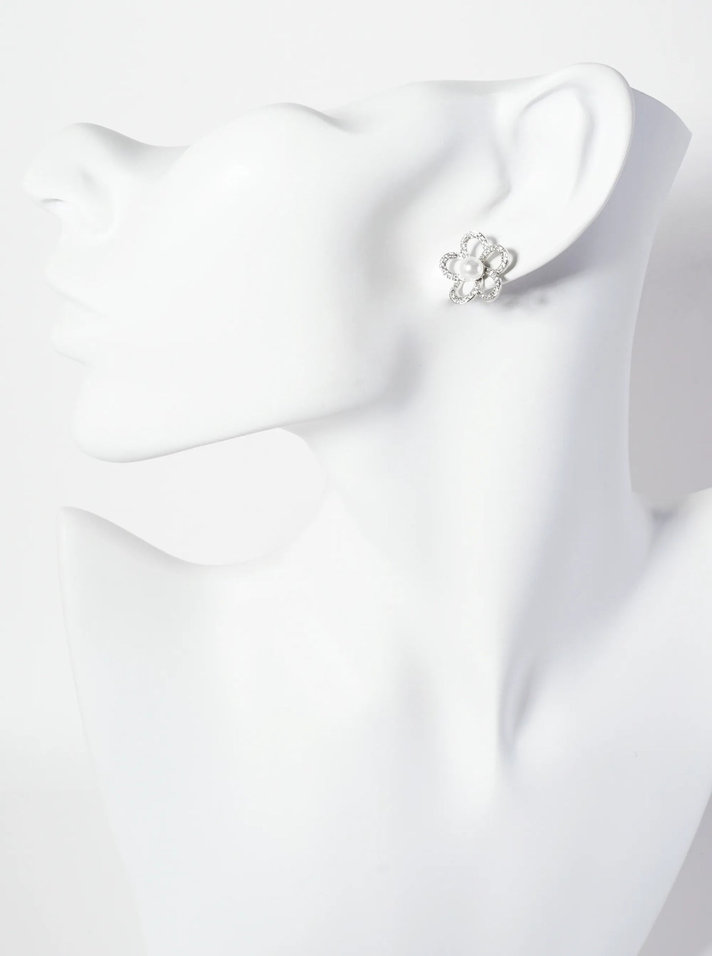 Botanical-Theme Pave-Set Cubic-Zirconia Pearl Flower 18K-Gold-Dipped Stud Earrings