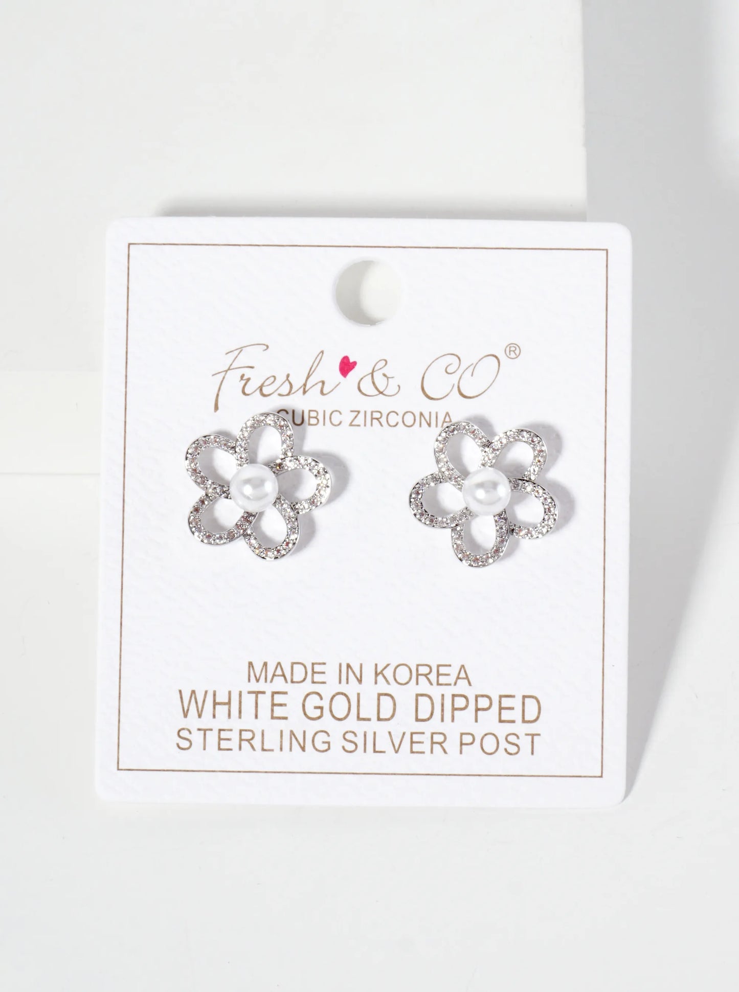 Botanical-Theme Pave-Set Cubic-Zirconia Pearl Flower 18K-Gold-Dipped Stud Earrings