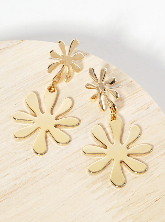 Botanical-Theme Polished Metal Double Flower Drop Dangle Earrings