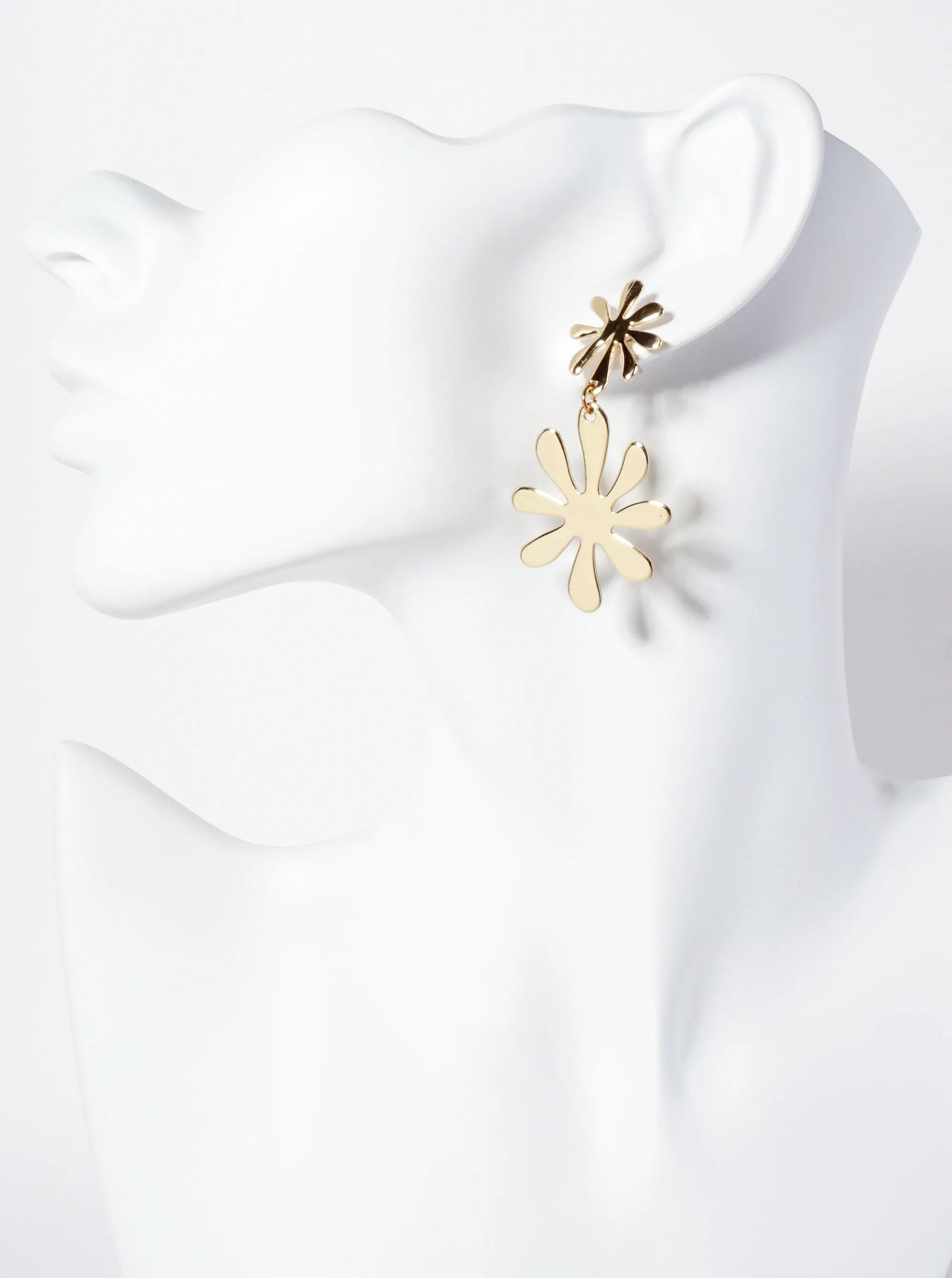 Botanical-Theme Polished Metal Double Flower Drop Dangle Earrings