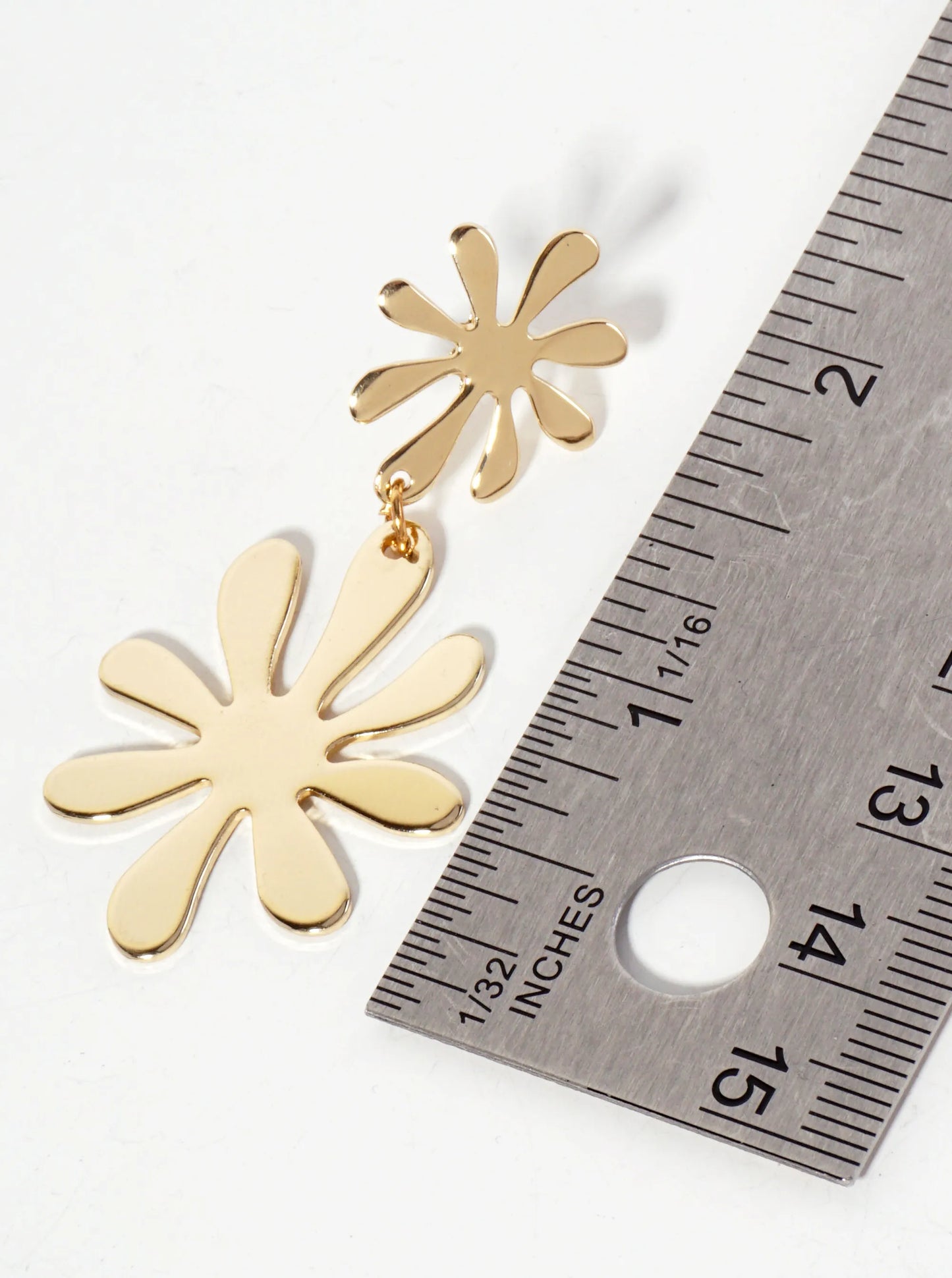 Botanical-Theme Polished Metal Double Flower Drop Dangle Earrings