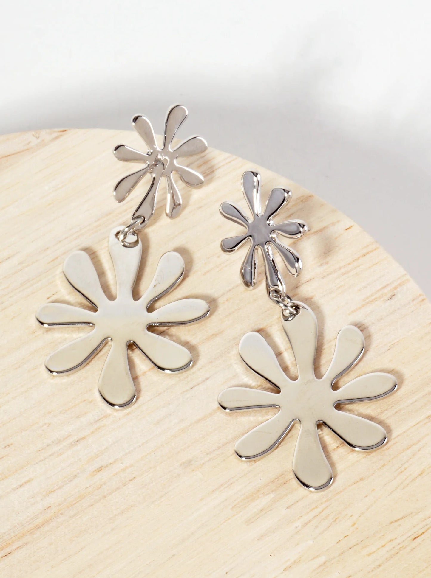 Botanical-Theme Polished Metal Double Flower Drop Dangle Earrings