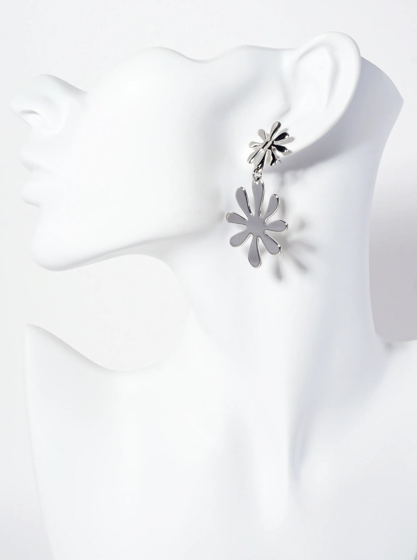 Botanical-Theme Polished Metal Double Flower Drop Dangle Earrings