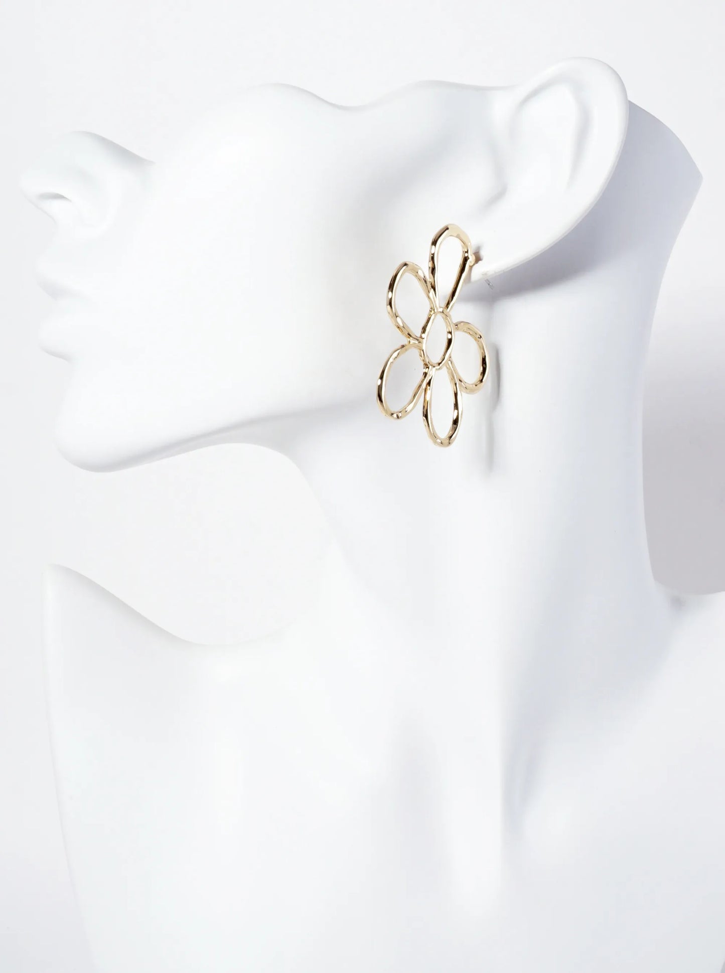 Botanical-Theme Polished Metal Hammered-Texture 45mm Flower Hoop Earrings