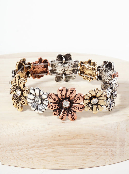 Botanical-Theme Positive-Words Engraved Flower Stretch Bracelet