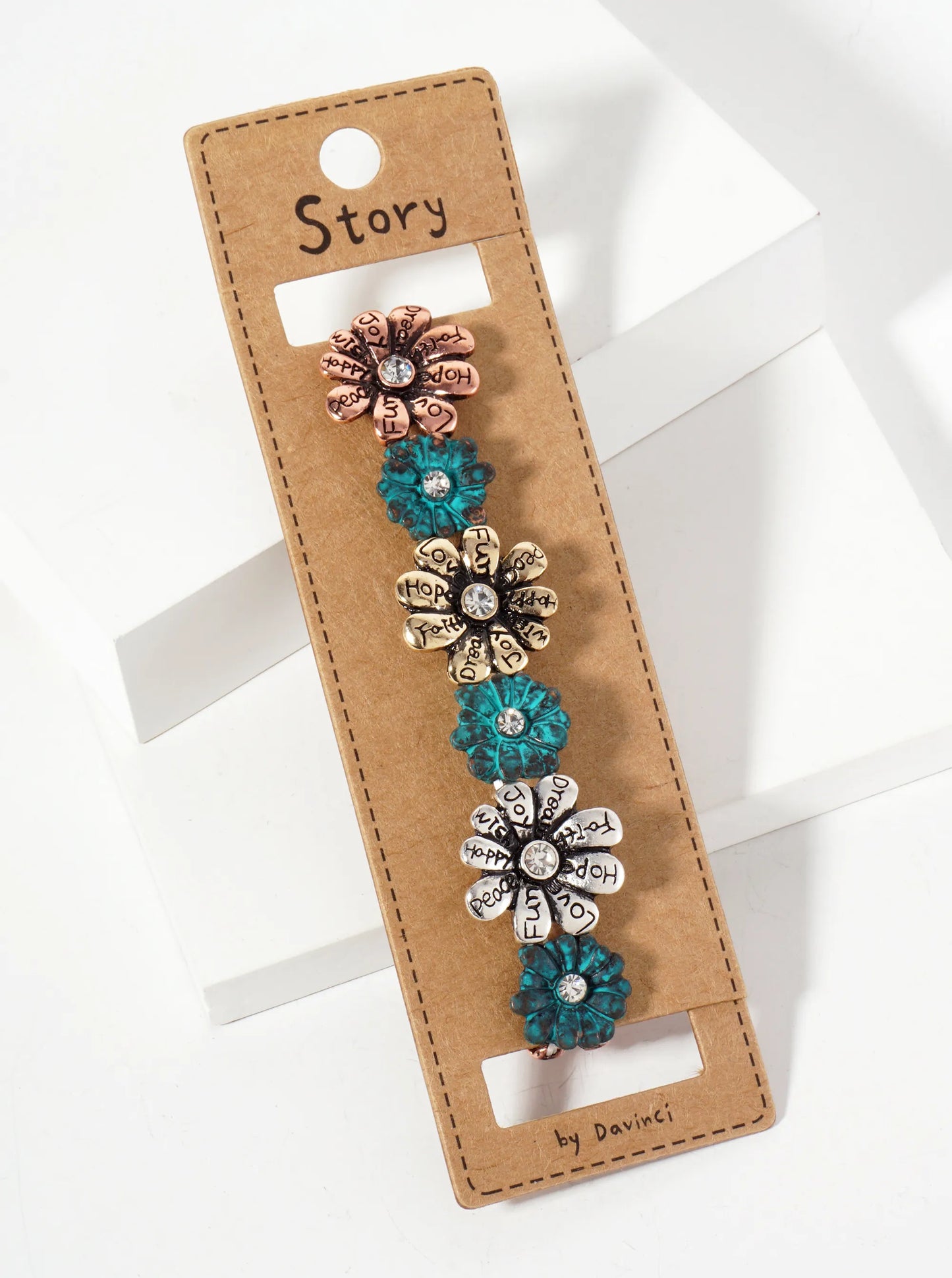 Botanical-Theme Positive-Words Engraved Flower Stretch Bracelet