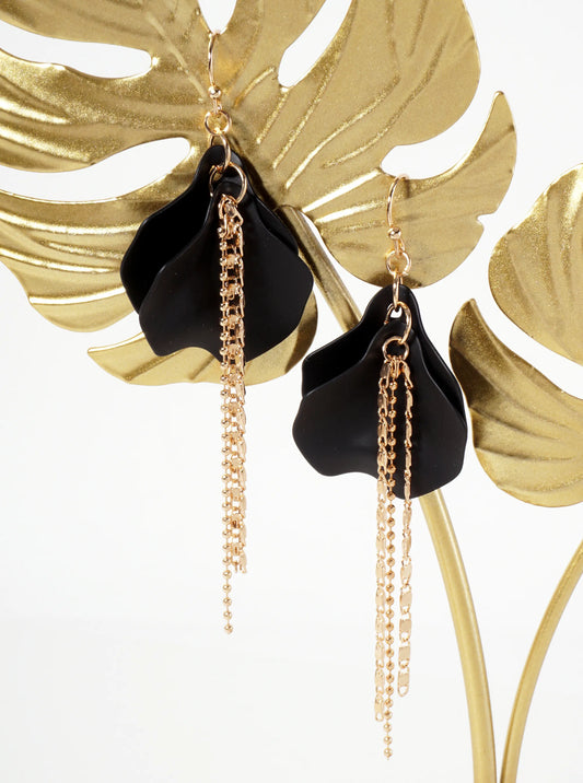 Botanical-Theme Rubber-Coated Flower Petal Design Dangle Earrings With Chain Drop
