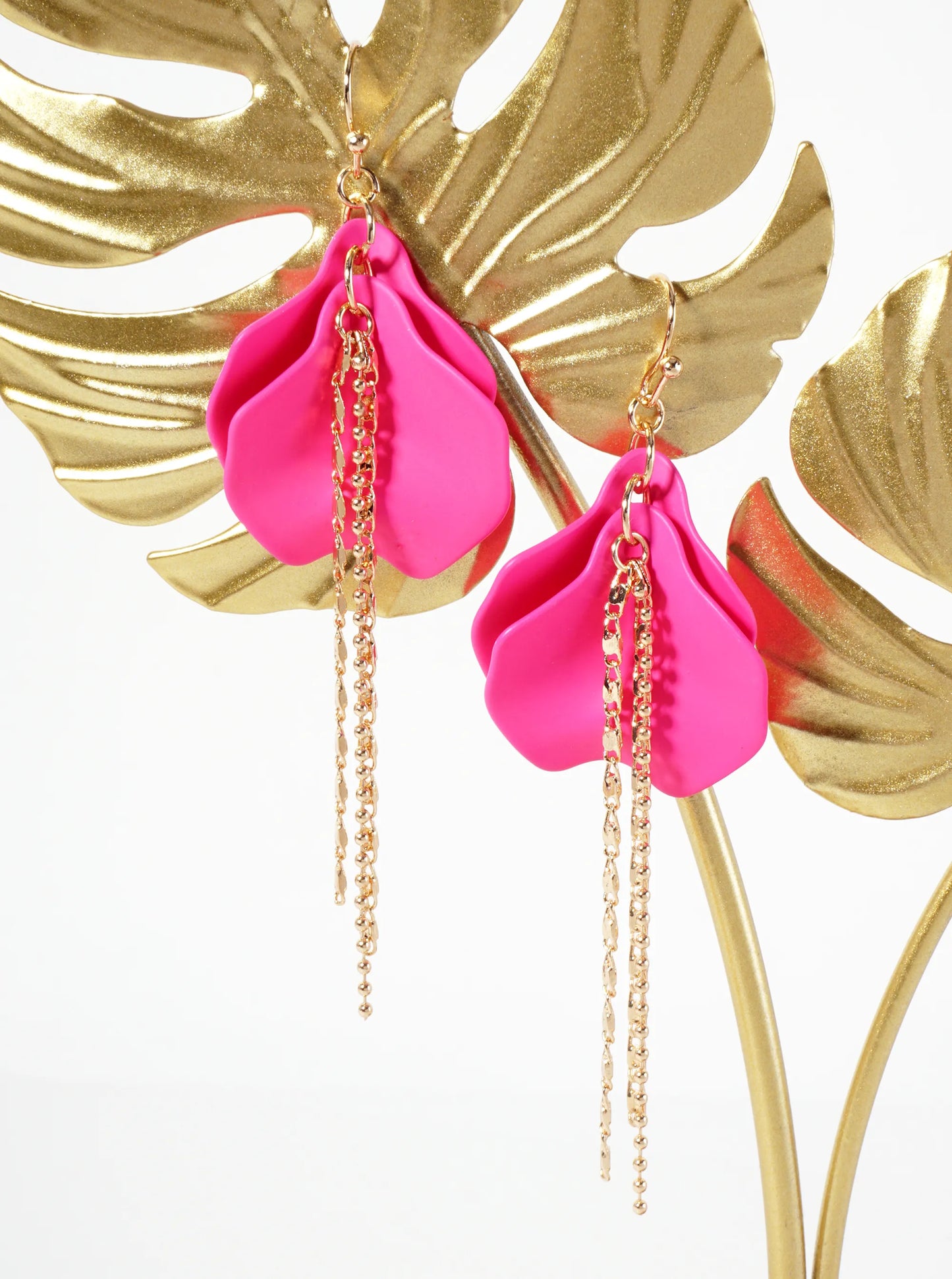 Botanical-Theme Rubber-Coated Flower Petal Design Dangle Earrings With Chain Drop