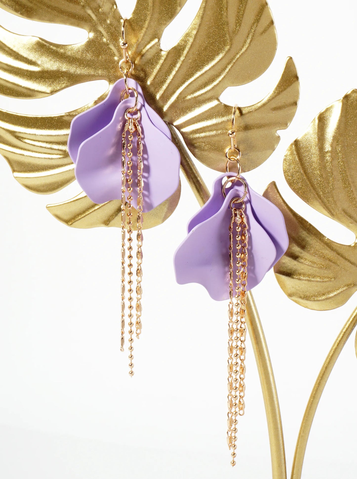 Botanical-Theme Rubber-Coated Flower Petal Design Dangle Earrings With Chain Drop