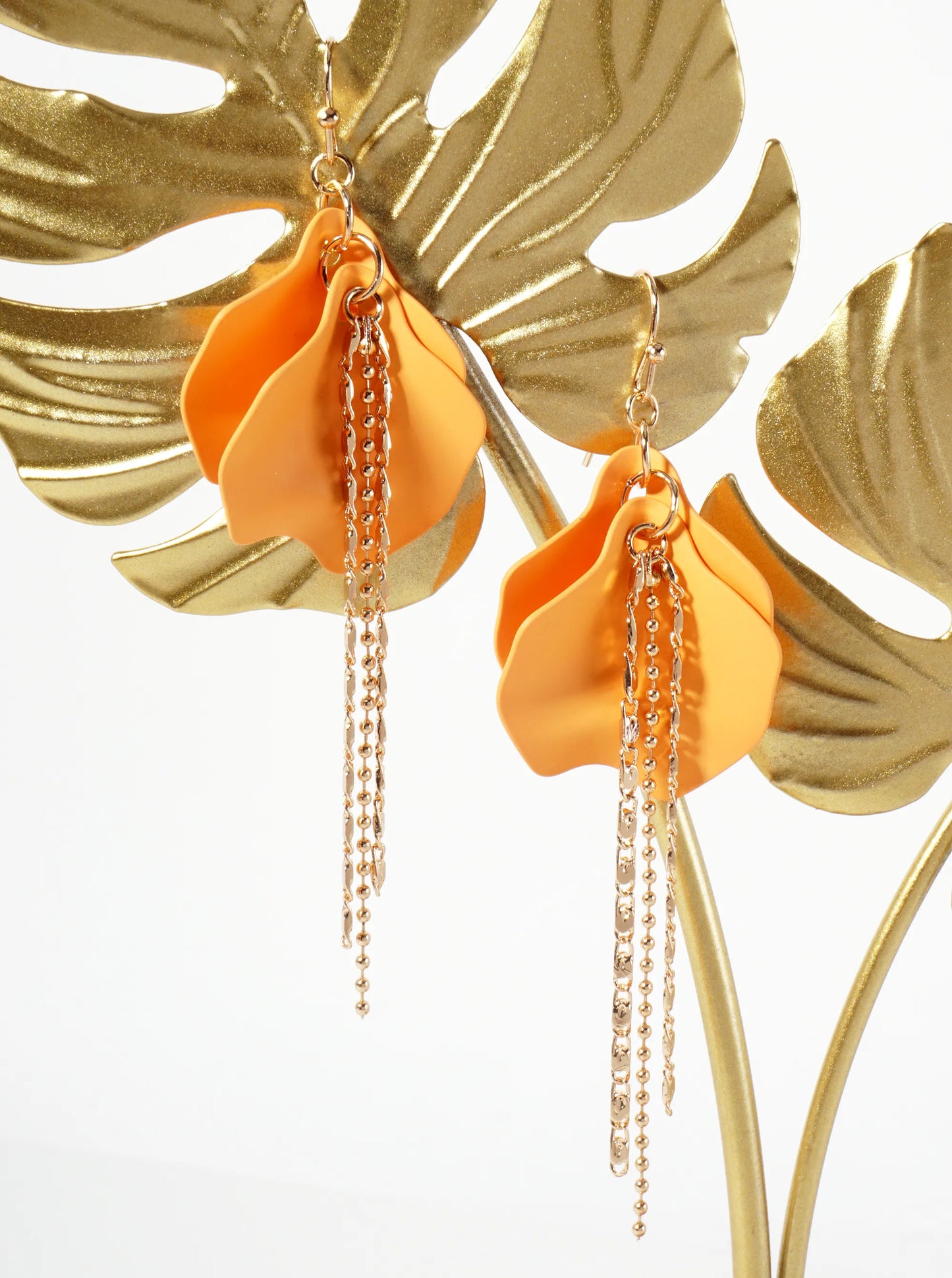 Botanical-Theme Rubber-Coated Flower Petal Design Dangle Earrings With Chain Drop